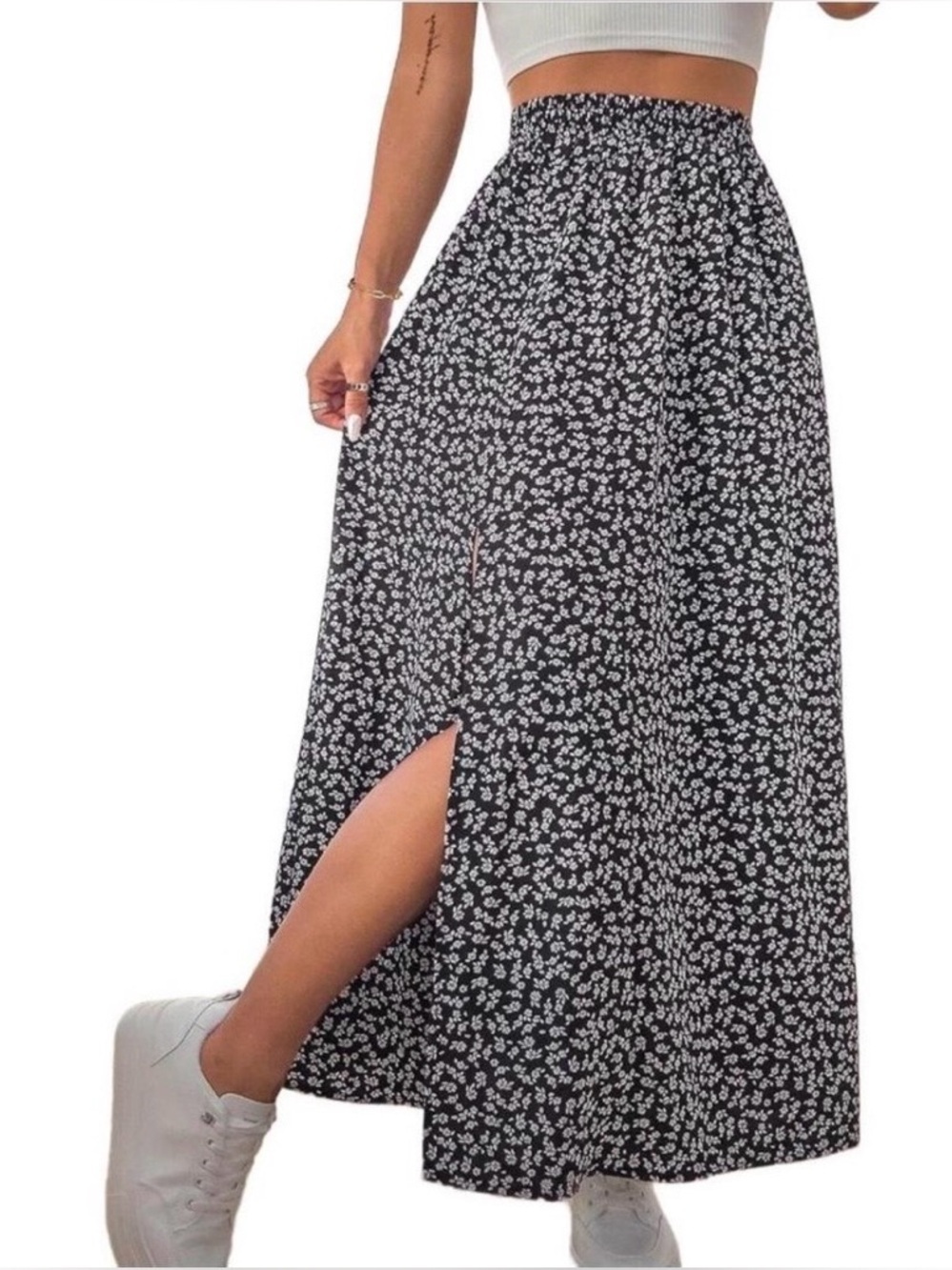Ditsy Floral Side Slit Black Maxi Skirt • XL Whimsigoth Coquette Vibe